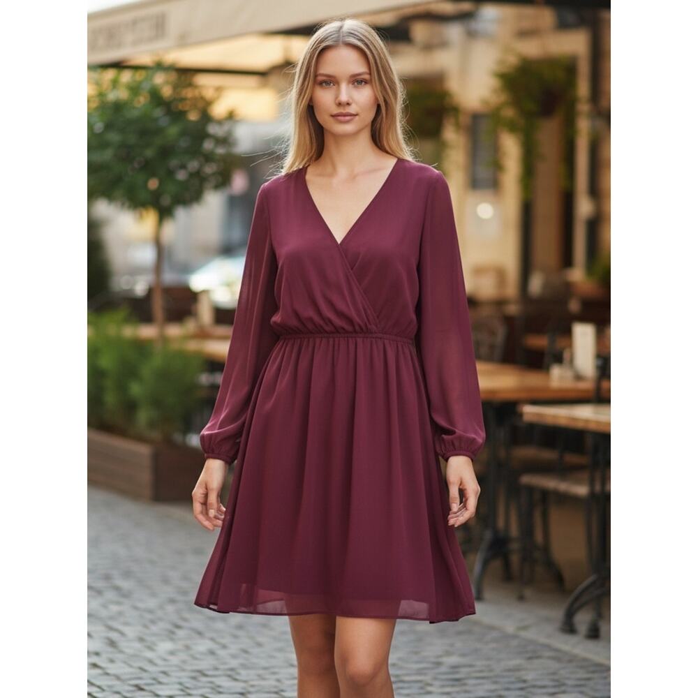 EXPRESS Women’s Small Medium Maroon Faux Wrap Long Sleeve Dress
